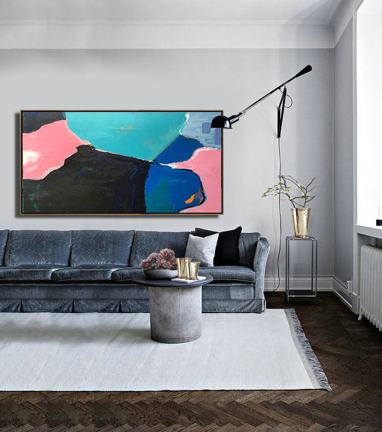 Large Abstract Painting,Horizontal Palette Knife Contemporary Art Panoramic Canvas Painting,Modern Wall Decor,Pink,Grey,Lake Blue,Black,Blue.etc